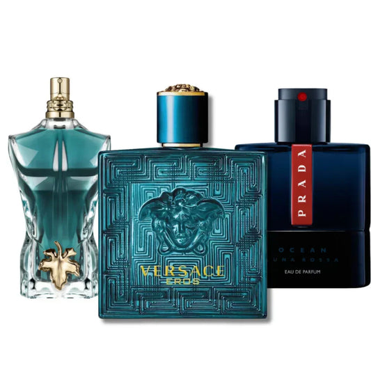 Kit Profumi: Le Male di Jean Paul Gaultier, Eros di Versace, Luna Rossa Ocean di Prada