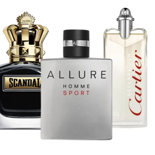 Kit Scandal Pour Homme di Jean Paul Gaultier, Allure Homme Sport di Chanel e Déclaration di Cartier