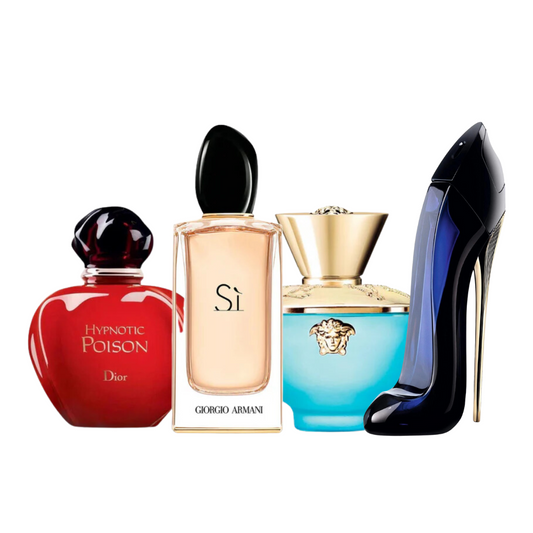 Kit Hypnotic Poison di Dior, Sì di Giorgio Armani, Dylan Turquoise di Versace e Good Girl di Carolina Herrera