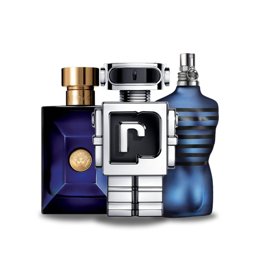 Kit Dylan Blue di Versace, Phantom di Paco Rabanne e Le Male di Jean Paul Gaultier