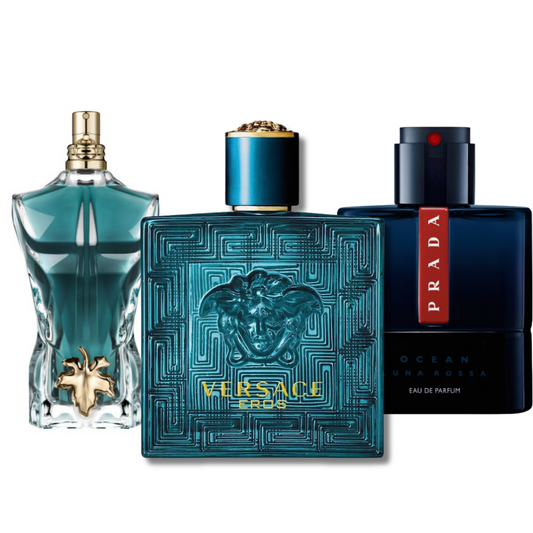 Kit Le Beau di Jean Paul Gaultier, Eros di Versace e Luna Rossa Ocean di Prada