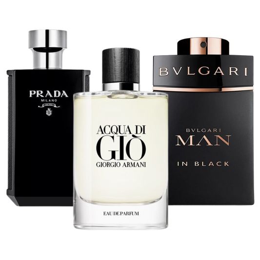 Kit Luna Rossa Carbon di Prada, Acqua di Giò di Giorgio Armani e Man In Black di Bvlgari